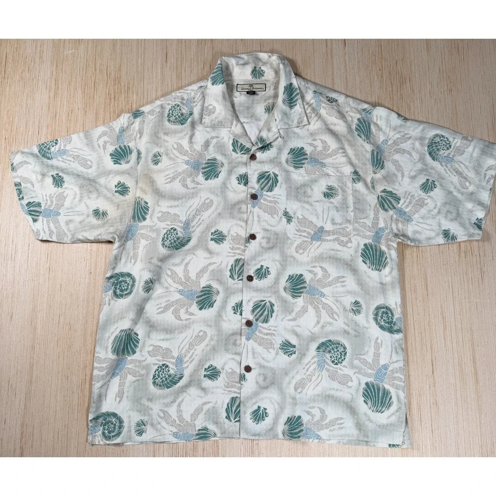 Tommy Bahama Camp Shirt Mens XL Tropical Shell Lobster Print Silk Coastal Cream